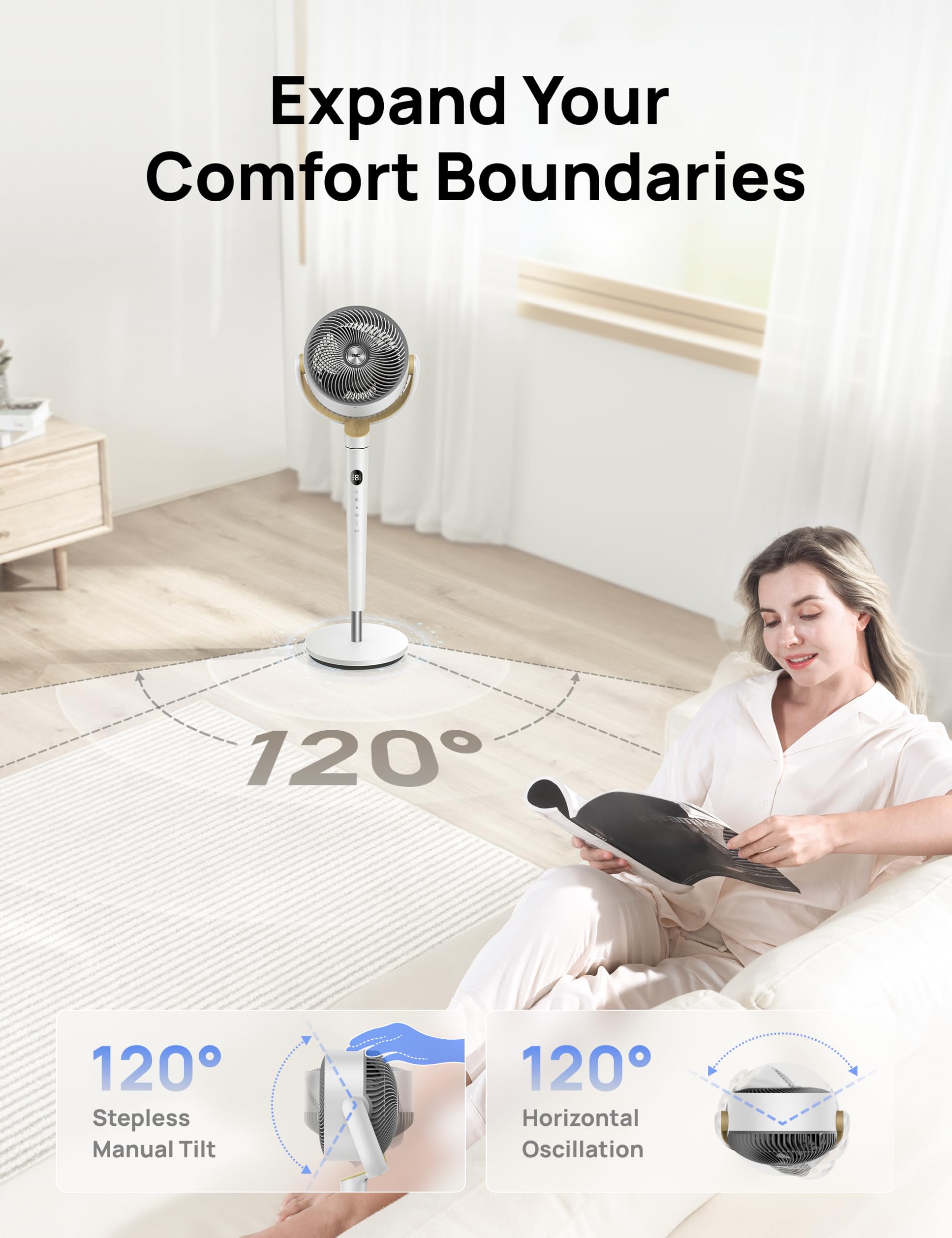 DREO Bedroom DC Motor Standing Fan, 120° Oscillation, Quiet
