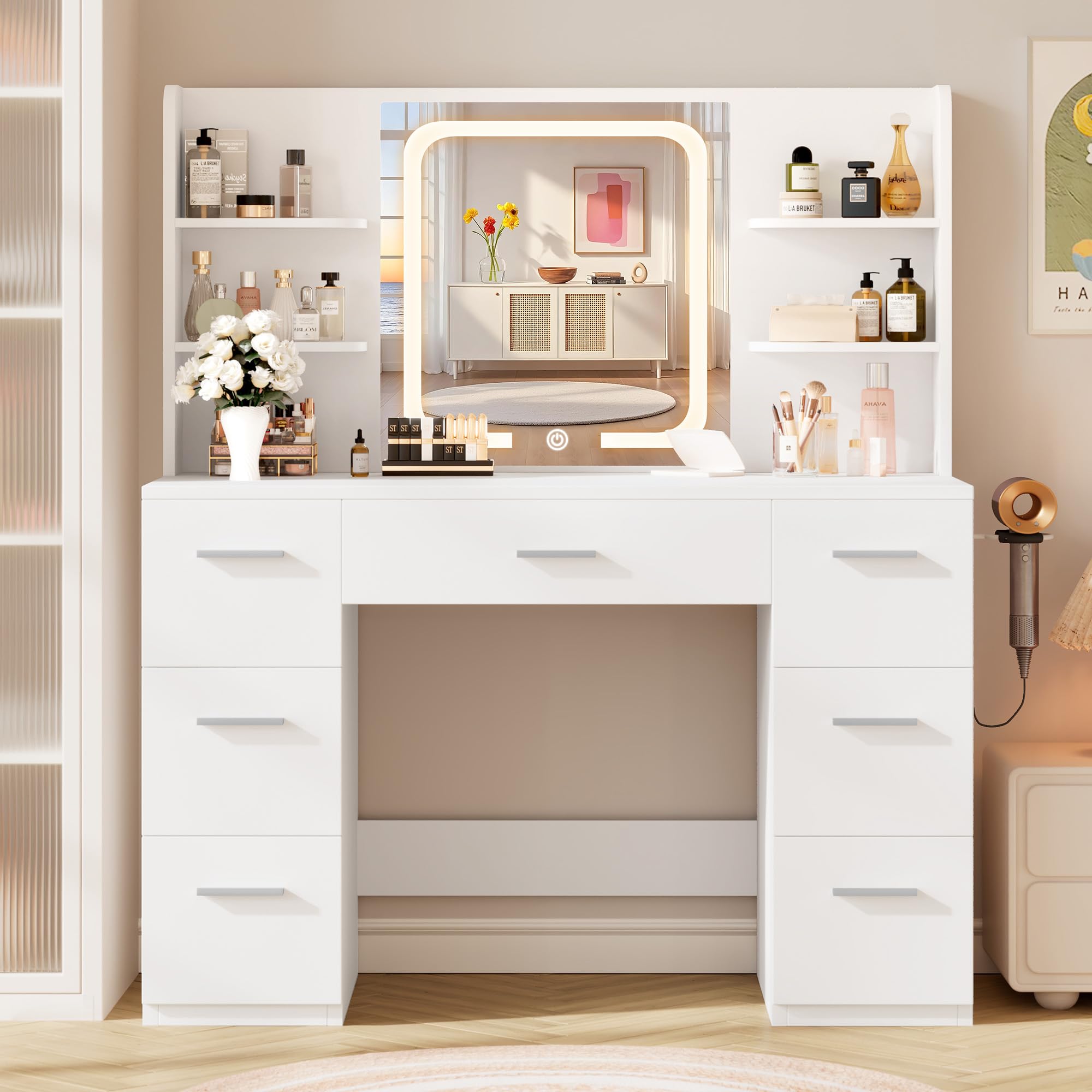 LIVELYGLOW White Makeup Vanity Desk with LED Mirror & Power Station