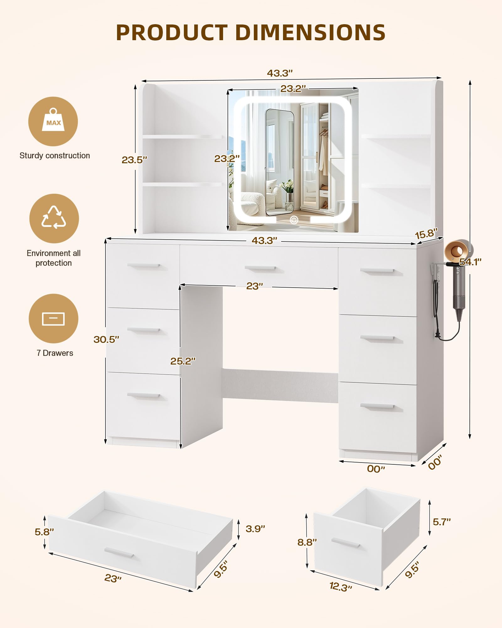 LIVELYGLOW White Makeup Vanity Desk with LED Mirror & Power Station