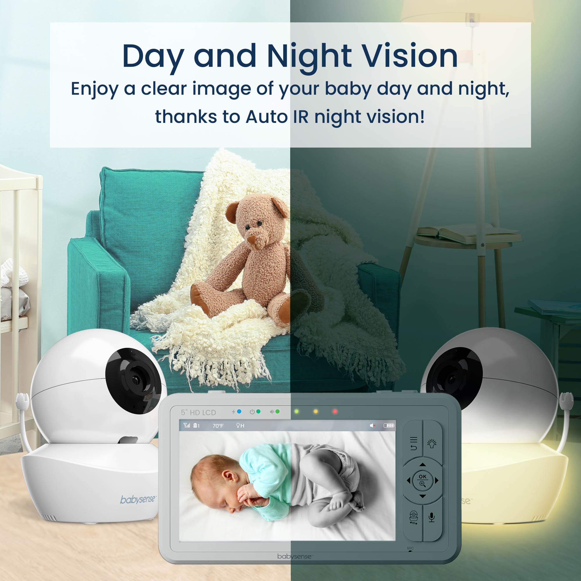 BABYSENSE 5" HD Split-Screen Video Baby Monitor with 2 Cameras