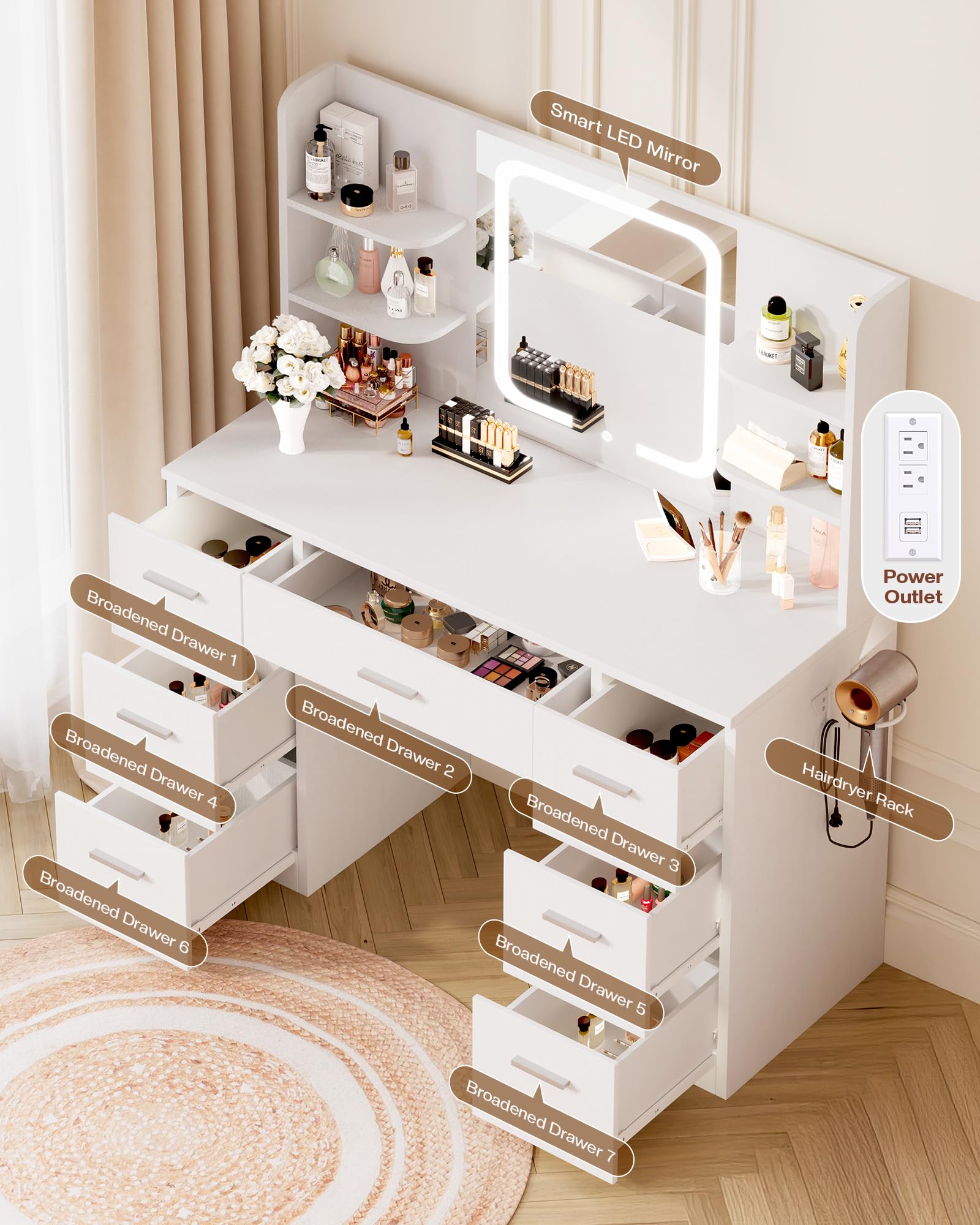 LIVELYGLOW White Makeup Vanity Desk with LED Mirror & Power Station