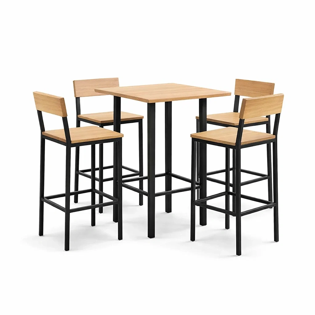 Bar set aus holzoptik und metall mit tisch und stühlen - Dwellambient