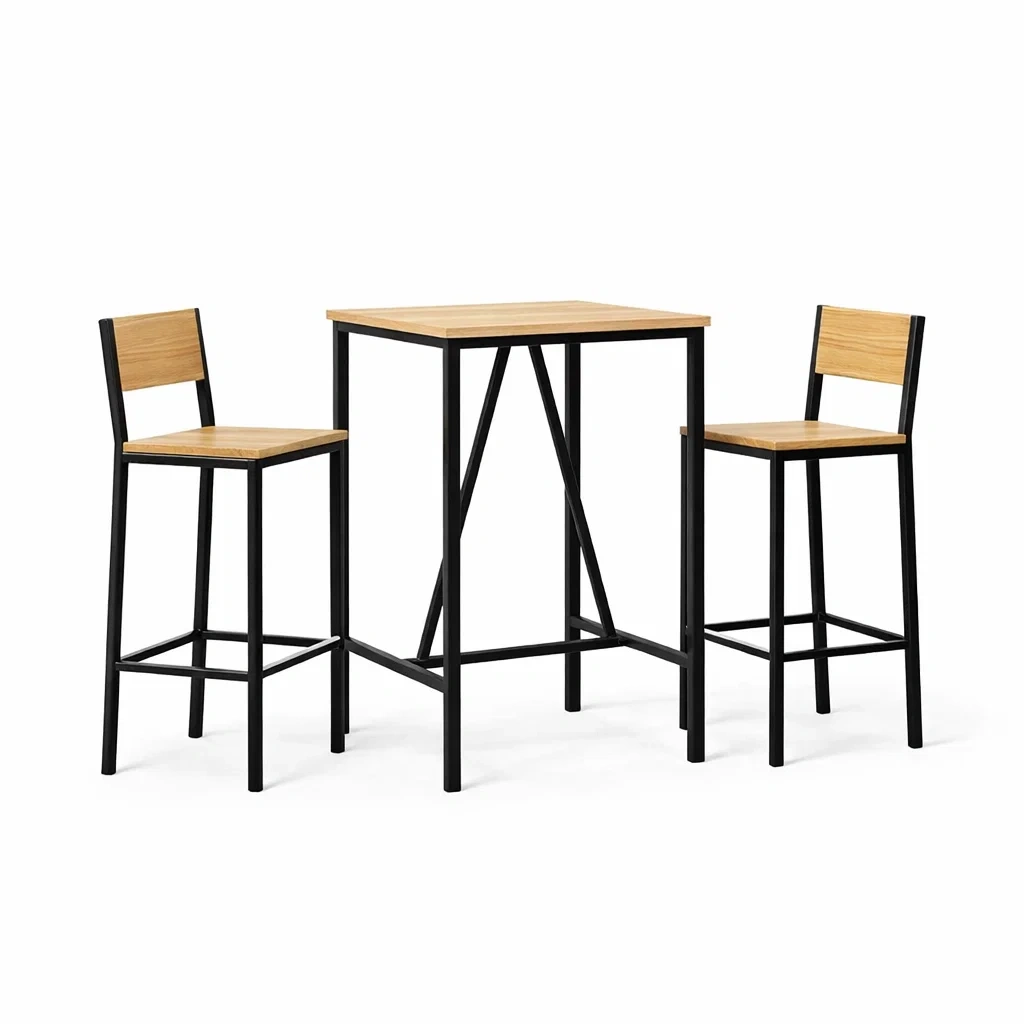 Bar set aus metall mit eichenfurnier mdf platte und barstühlen - Dwellambient