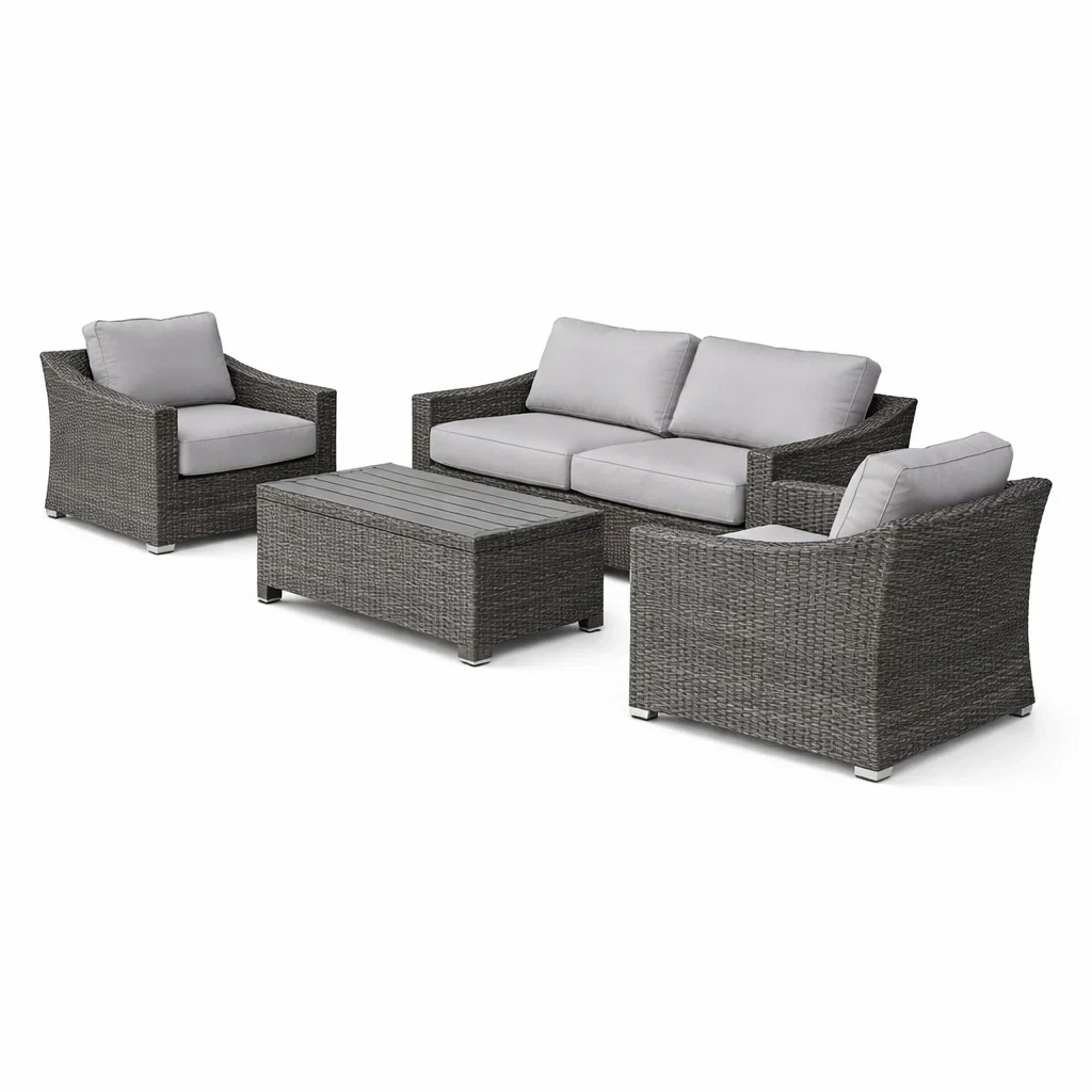 Sofa-set pe rattan grau mit polyesterkissen sofa sessel tisch - Dwellambient