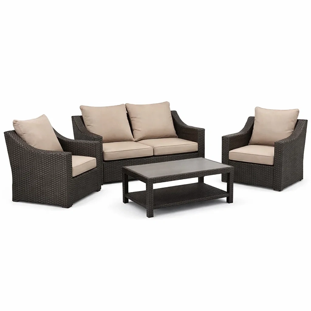 Sofa-set rattan braun mit beigen kissen sofa sessel tisch - Dwellambient