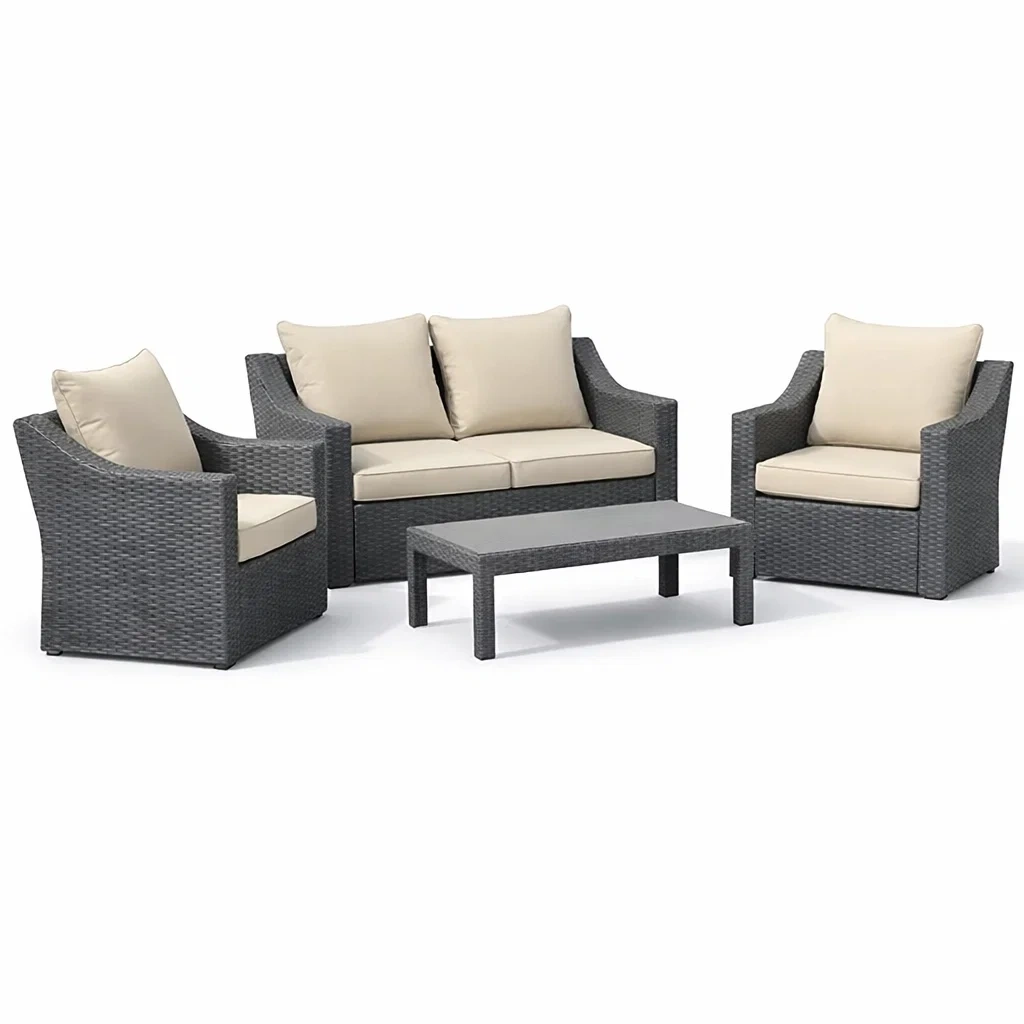 Sofa-set polyrattan anthrazit mit beigen kissen - Dwellambient