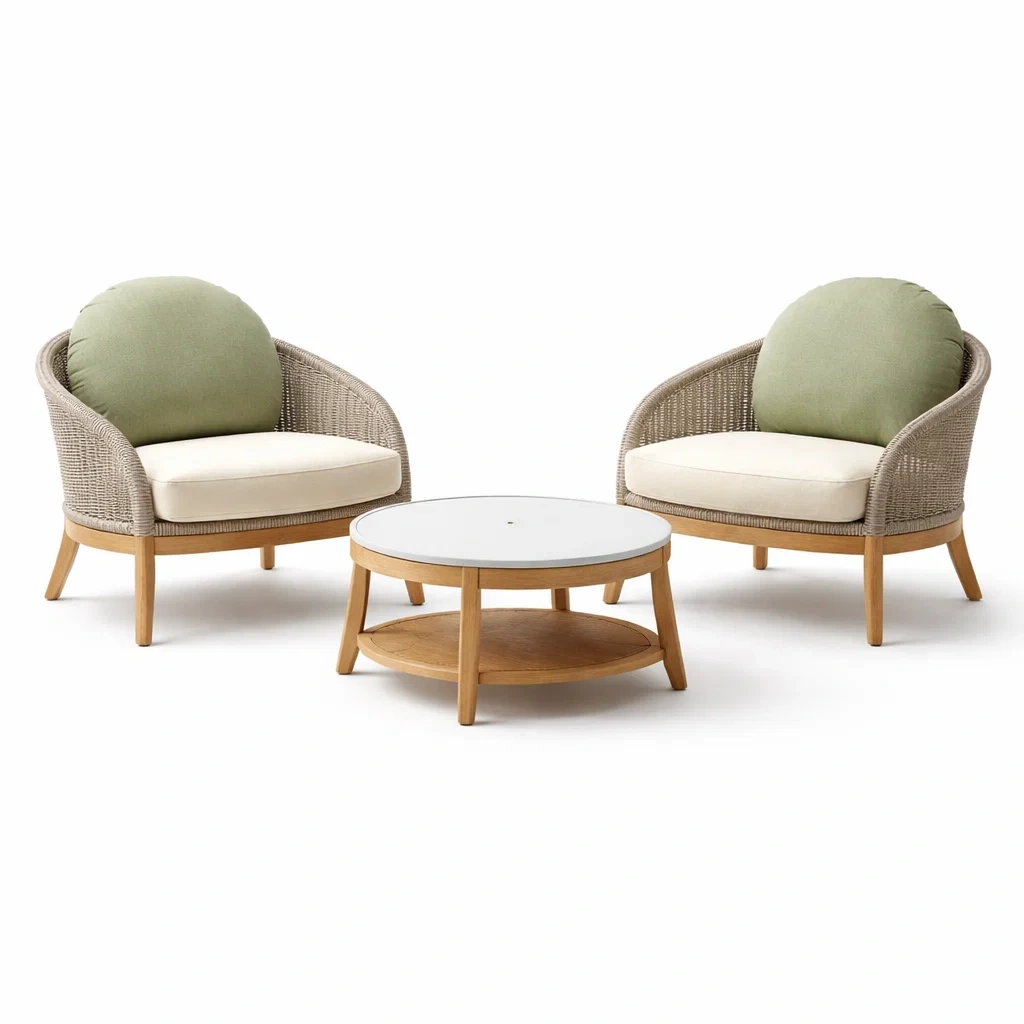Loungemöbel-Set aus rattan sessel und tisch aus holz und glas beige grün - Dwellambient