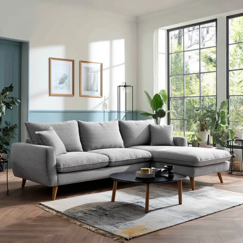 Sofá en L Tela 250x150x85 cm - Gris Claro - Diseño Moderno