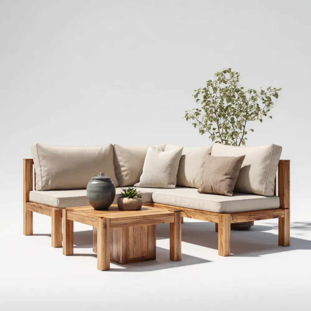 Conjunto de Sofá de Jardín de Madera de Acacia con Cojines Beige – Sofá 180x65x73 cm y Mesa 70x70x35 cm – Diseño Modular