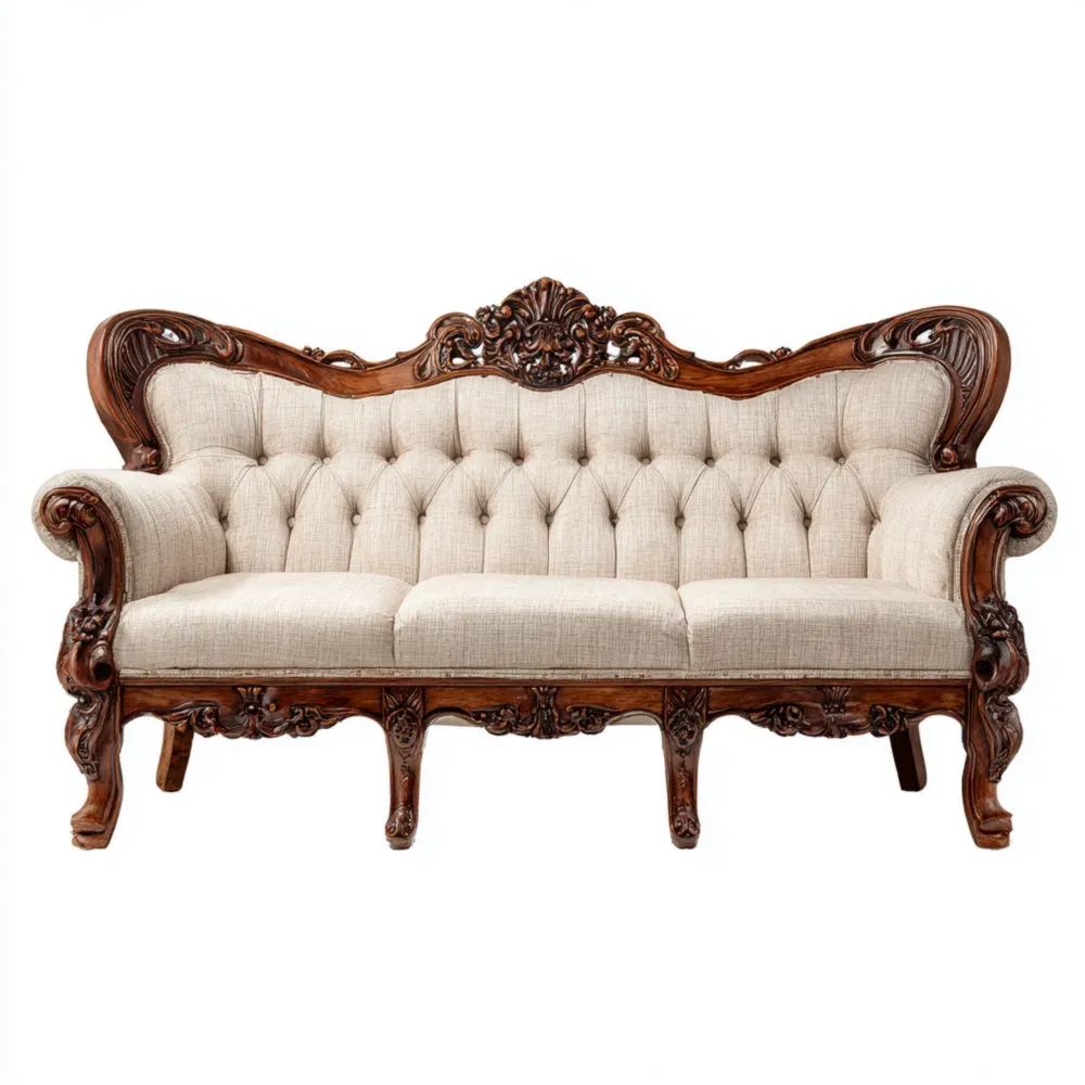 Sofá Clásico 3 Plazas Madera Tallada 200x85x110 cm Tela Beige
