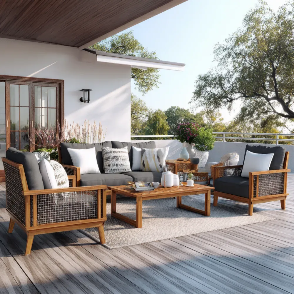 Juego de sofá de patio Madera de teca 180x75x70 cm Cojines Gris - Diseño moderno