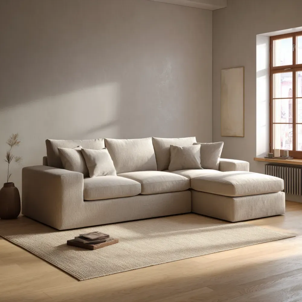 Sofá Seccional Tapizado en Tela 300x200x95 cm – Beige – Diseño Contemporáneo