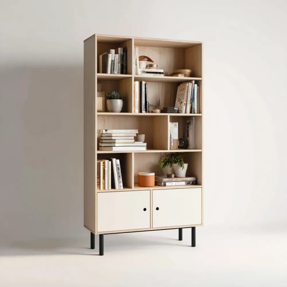 Estantería de madera con puertas - Natural - 180x80x35 cm - Diseño contemporáneo