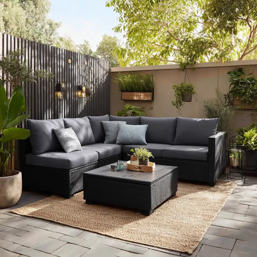 Conjunto de Sofá de Jardín Ratan Sintético 200x200x75 cm - Gris Oscuro - Diseño Moderno