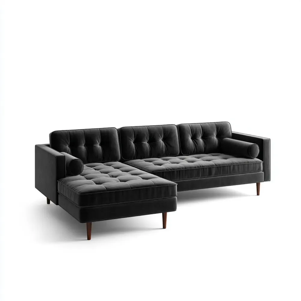 Sofá Seccional de Terciopelo 250x150x85 cm – Negro – Diseño Moderno