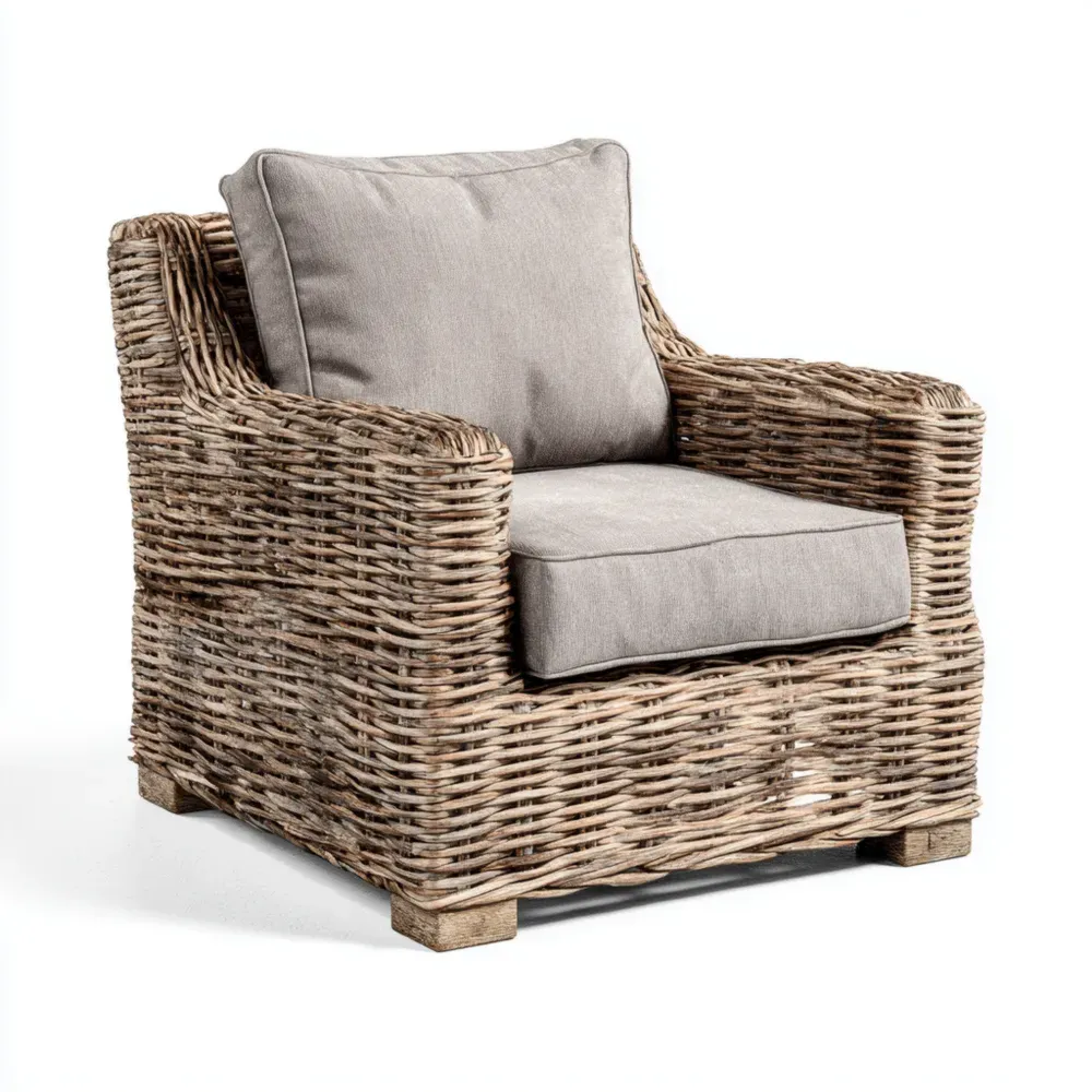 Sillón de ratán con cojines – 80x85x75 cm – Gris – Diseño clásico