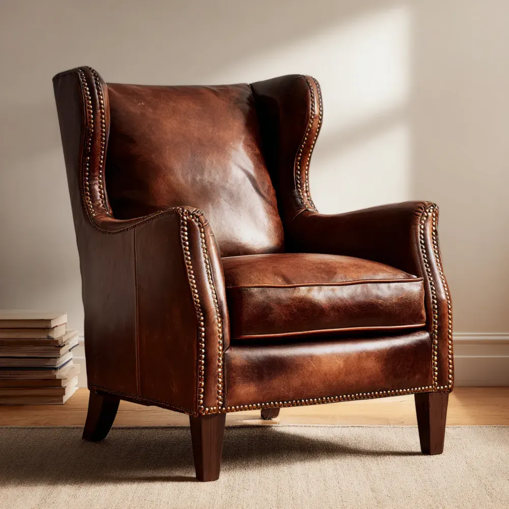 Sillón Orejero de Cuero 85x90x100 cm – Marrón – Clásico