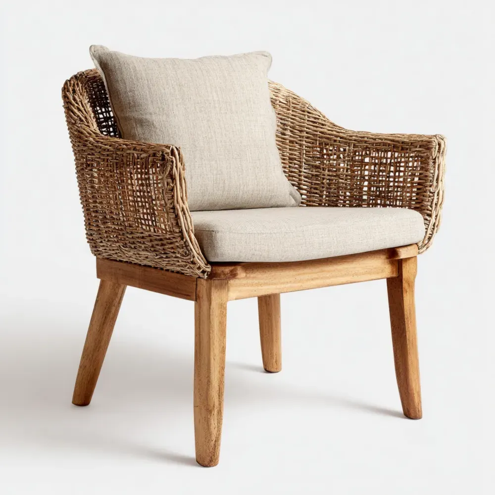 Silla Relax Jardín Ratán y Madera 80x70x75 cm - Beige - Estilo Rústico