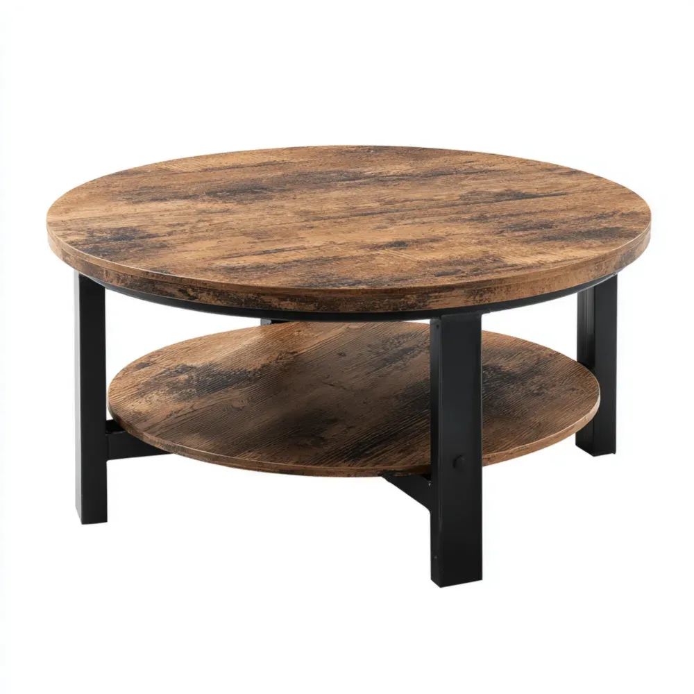 Mesa de café redonda de madera 80x80x45 cm – Marrón – Estilo industrial