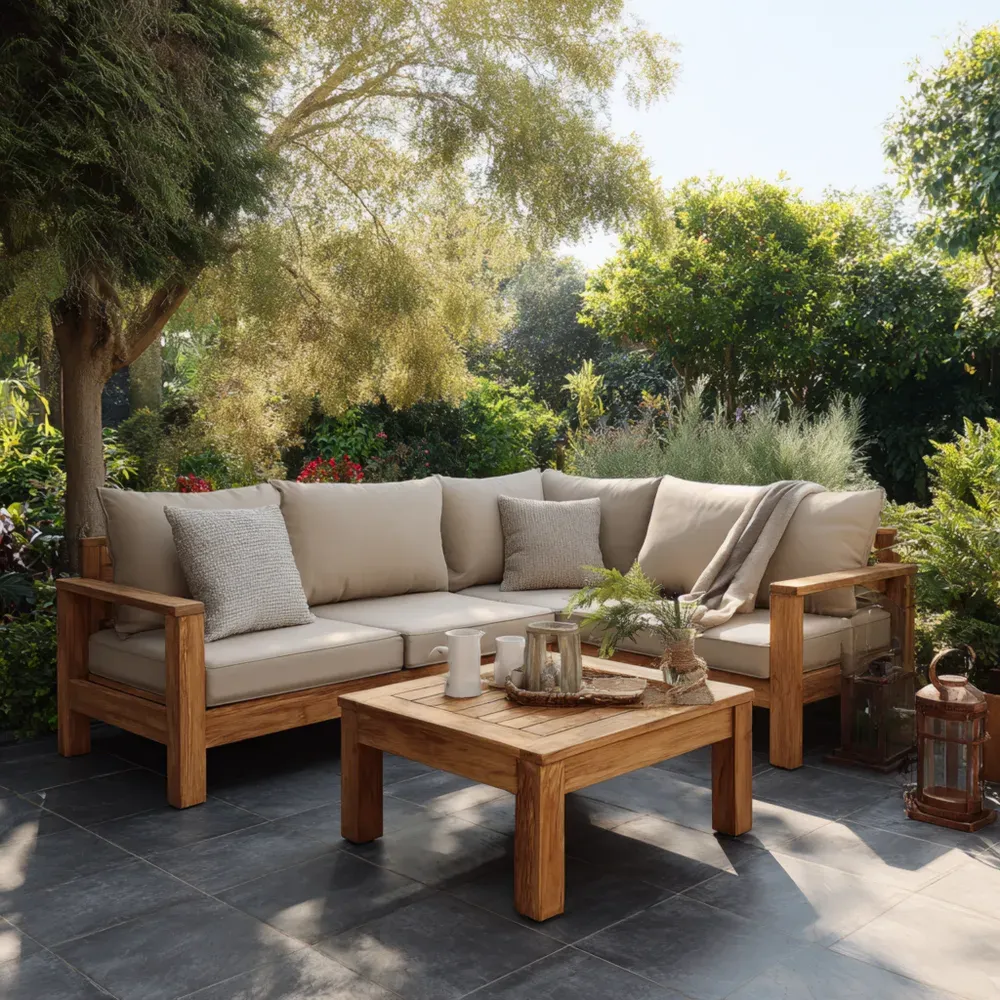 Conjunto de Sofá de Jardín Madera de Teca 200x200x85 cm – Beige – Estilo Moderno