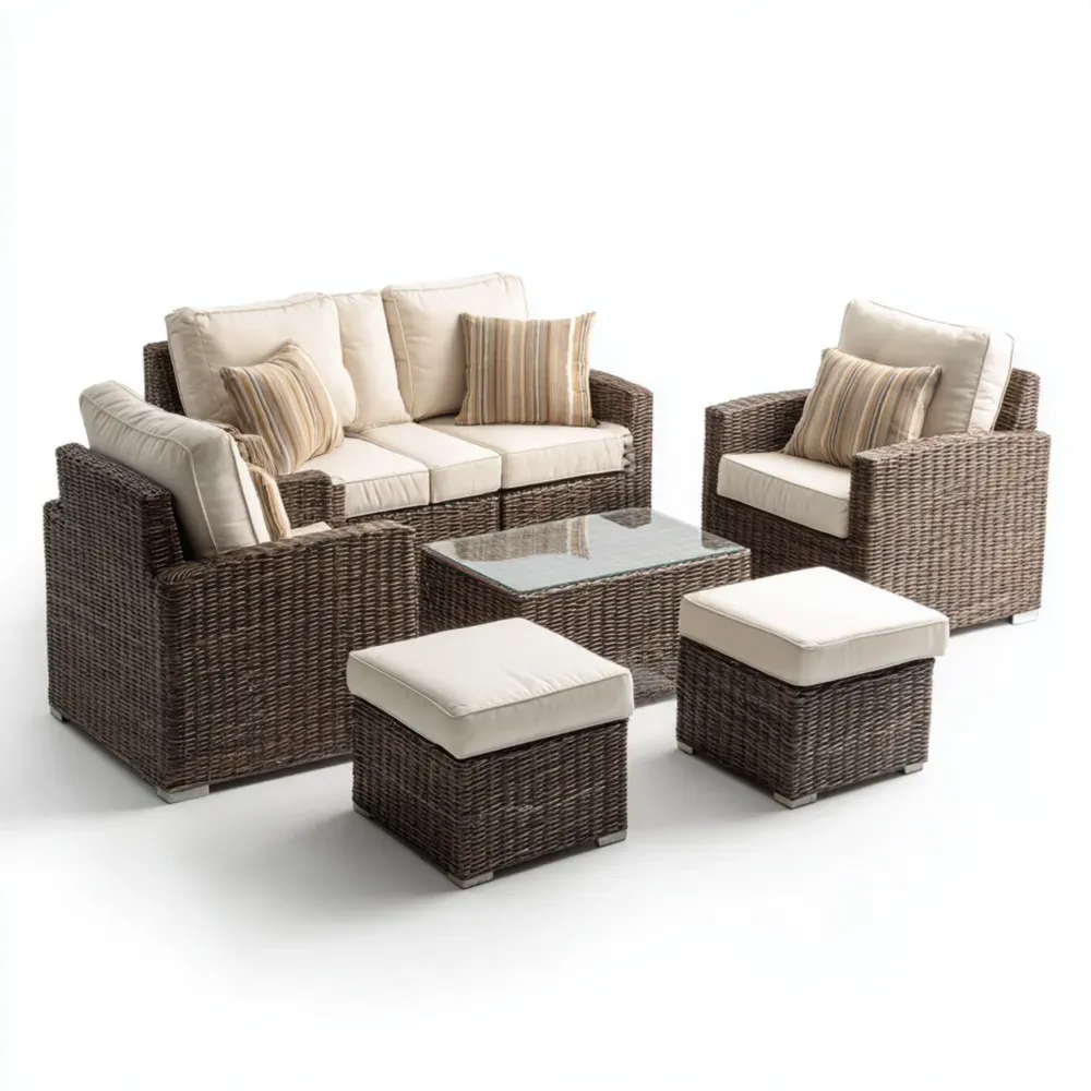 Juego de Sofás para Jardín Ratán Sintético 120x75x80 cm Cojines Crema - Marrón - Diseño Moderno