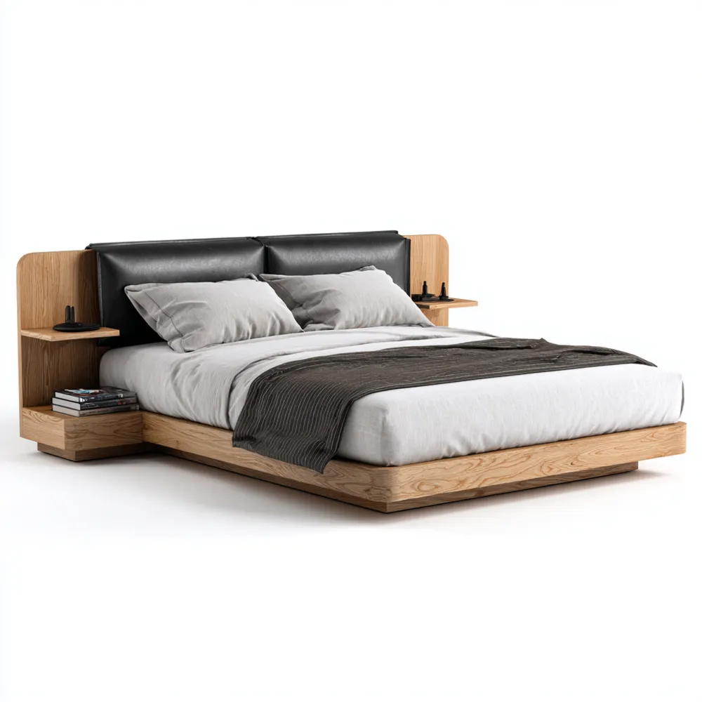 Cama Doble de Madera y Cuero 200x160x100 cm – Diseño Moderno