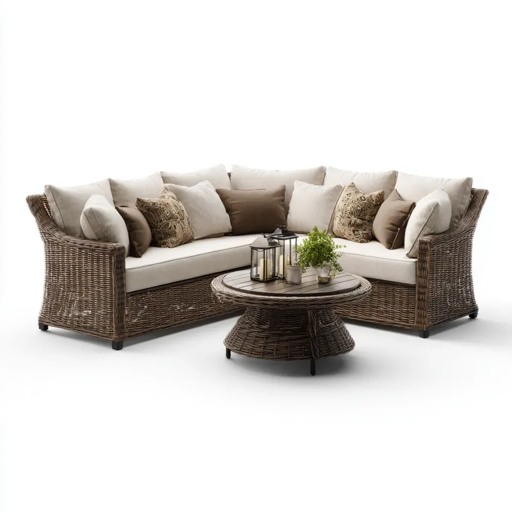 Set de Sofá de Esquina de Ratán para Jardín 230x85x75 cm – Tela Beige/Marrón