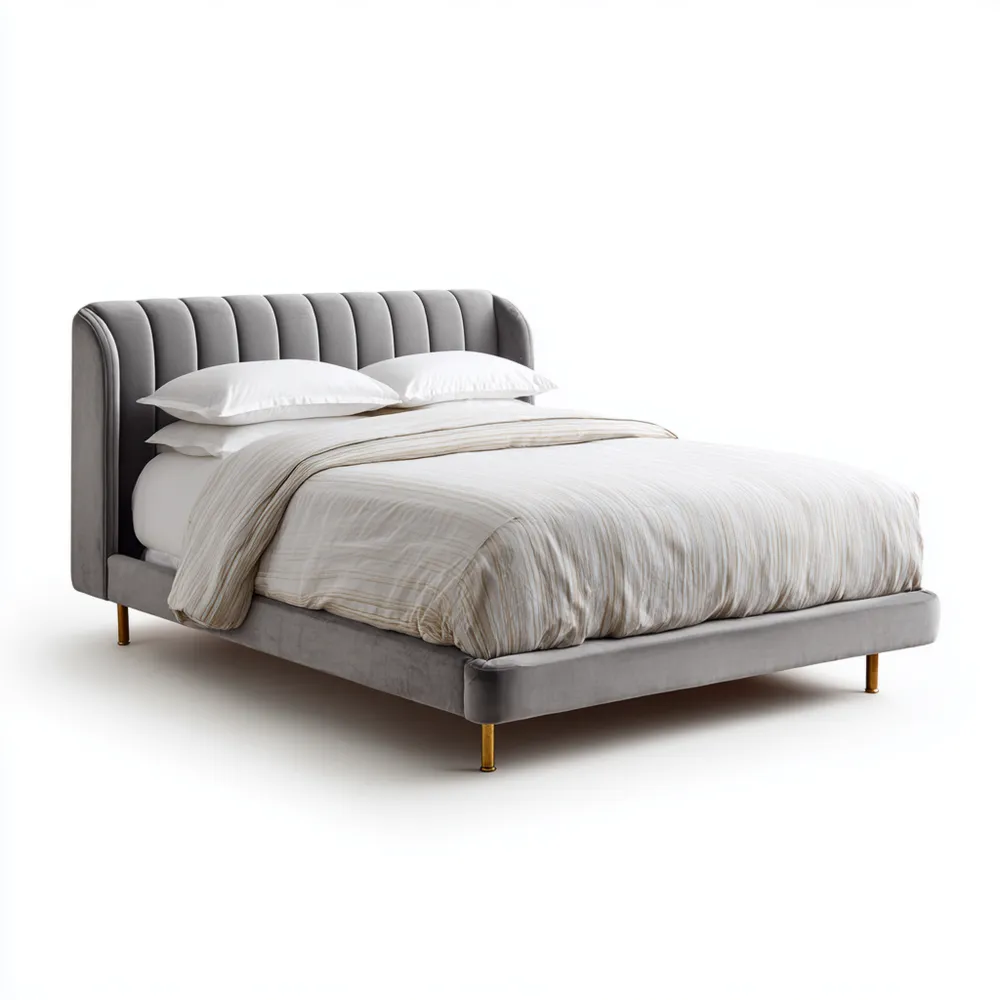 Cama Doble Acolchada de Terciopelo Gris 140x200x95 cm – Diseño Moderno