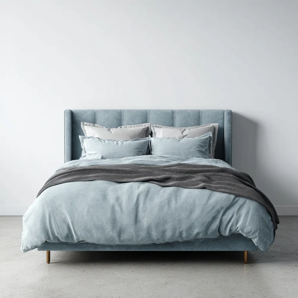 Cama Doble de Terciopelo 180x200x120 cm - Azul - Diseño Moderno