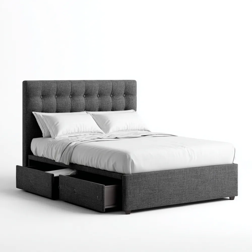 Cama Doble Tapizada 160x200x120 cm con Almacenamiento en Tela Gris - Estilo Moderno