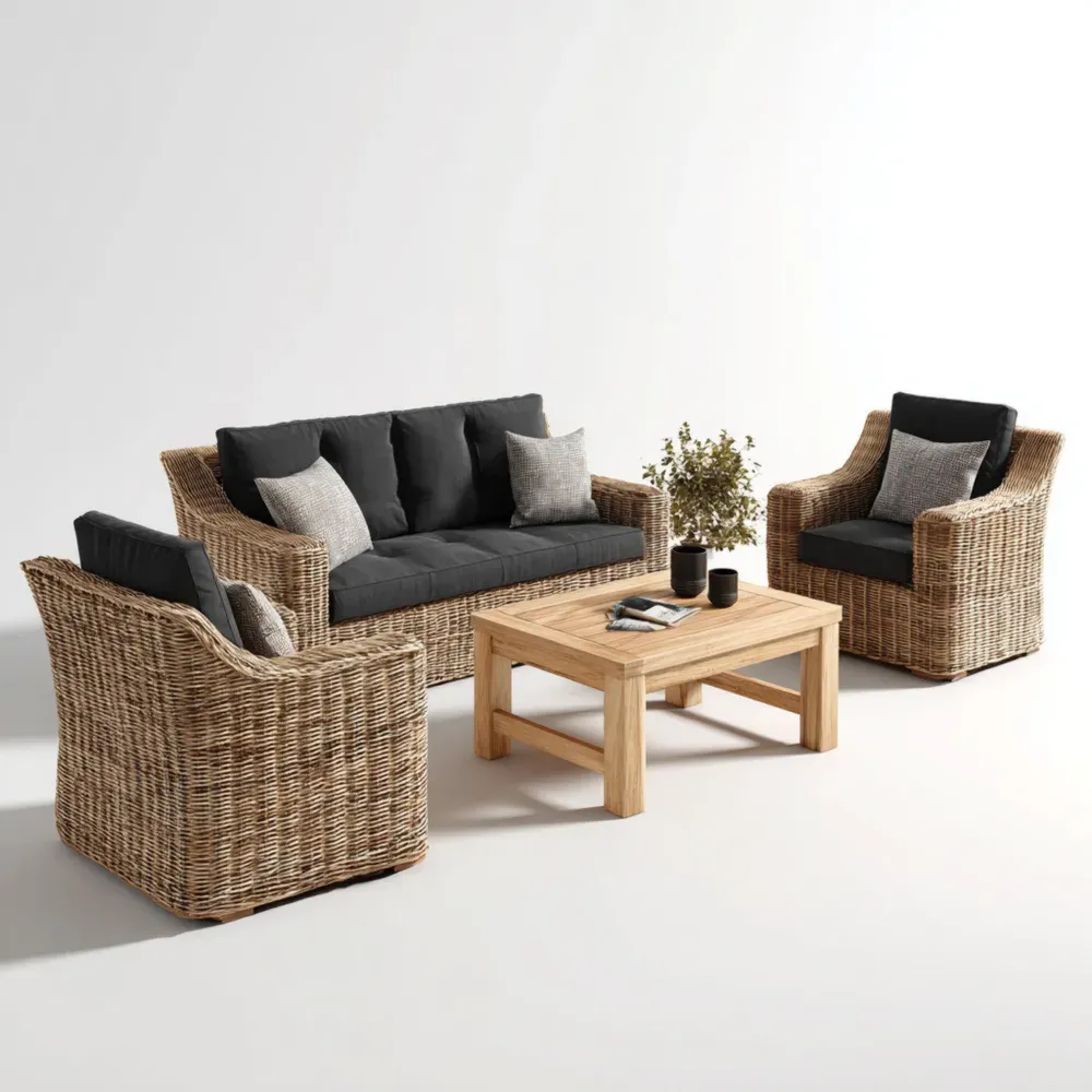Conjunto de Sofás para Jardín Ratán Sintético 3+1+1 180x75x78 cm Natural/Negro - Comodidad Clásica