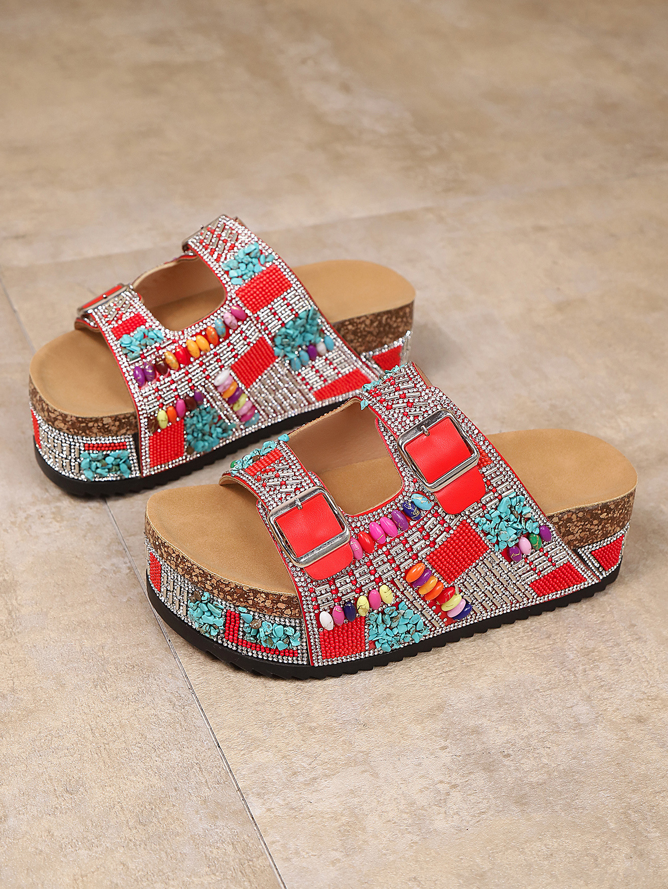 2026 Women's  Height Incr Bohemian Style Platform Slides Thick Sole Sandals  Strappy with Metal Buckle Studs Decorated