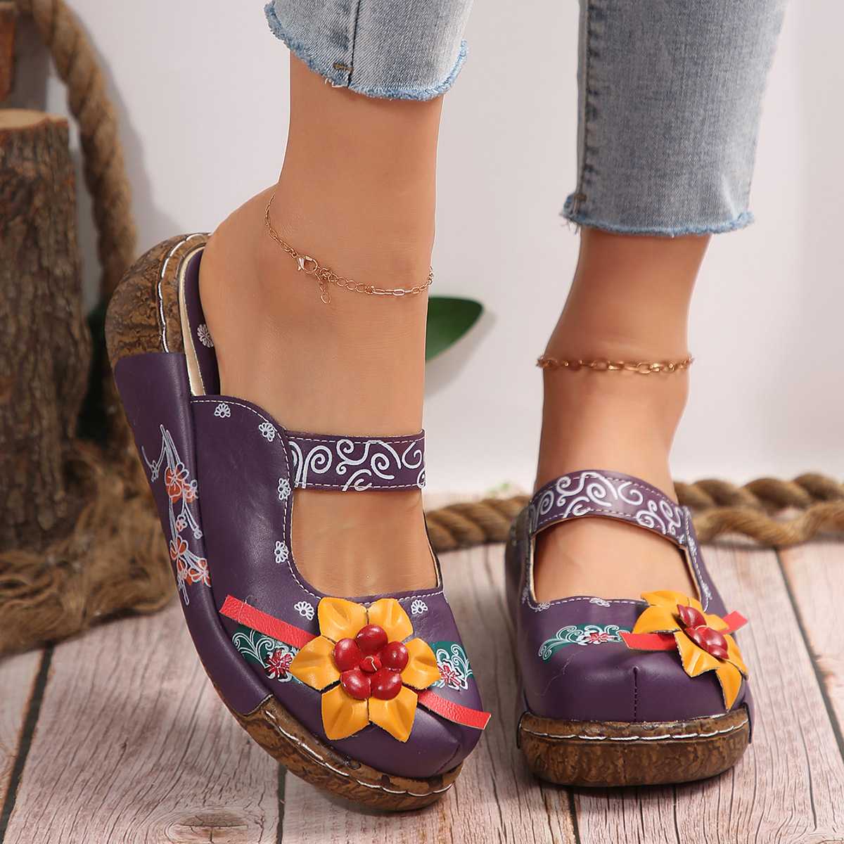 Boho Retro Floral Handmade Mules for Women – Comfy Thick Sole & Ethnic Charm