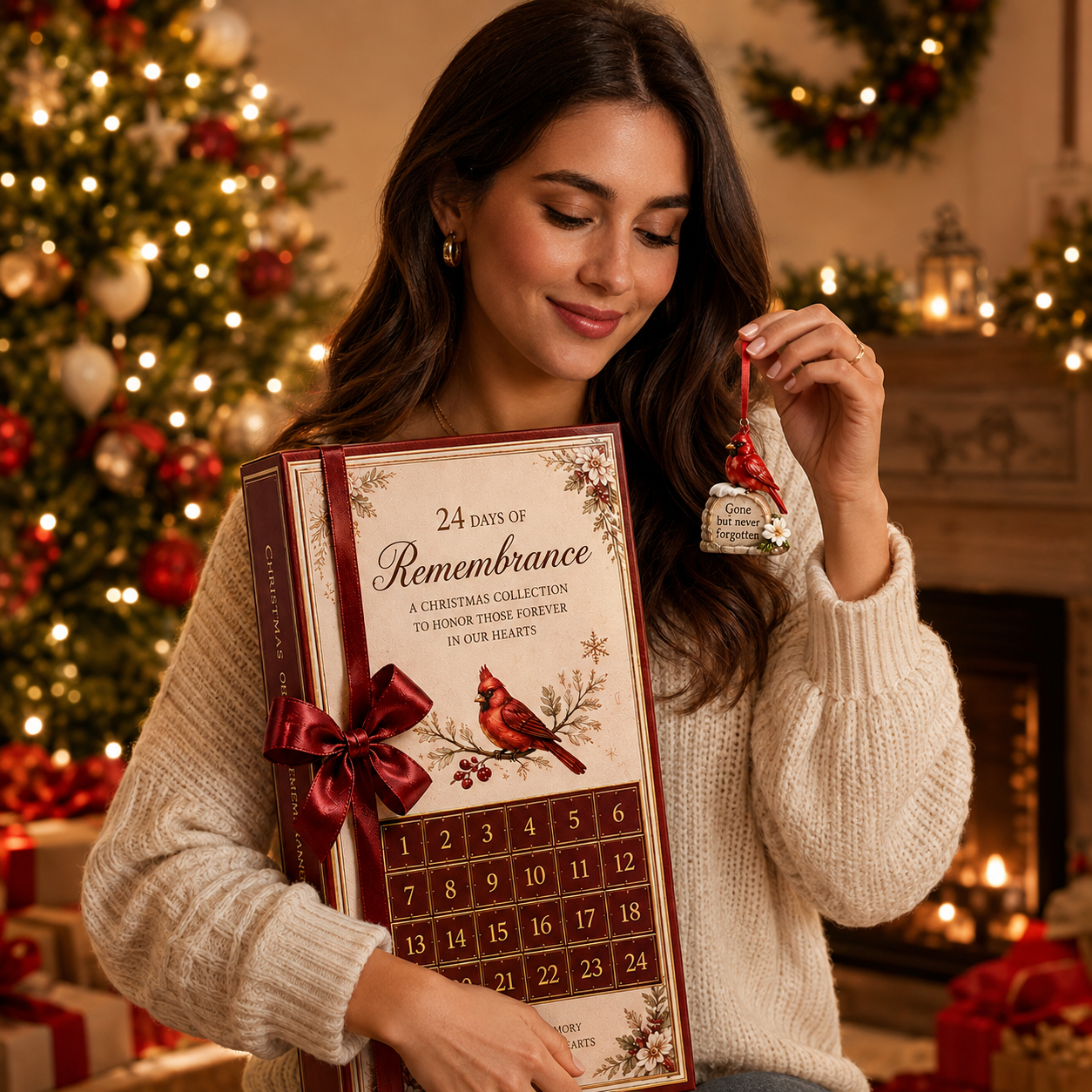 Woman holding Cardinal Christmas remembrance Advent Calendar