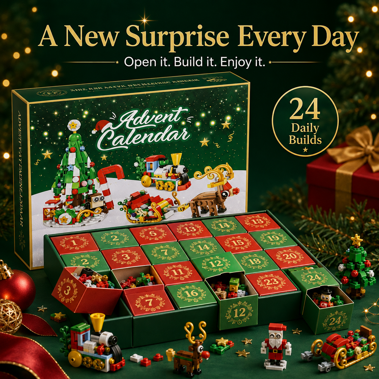 Kids building Christmas advent calendar bricks with parents