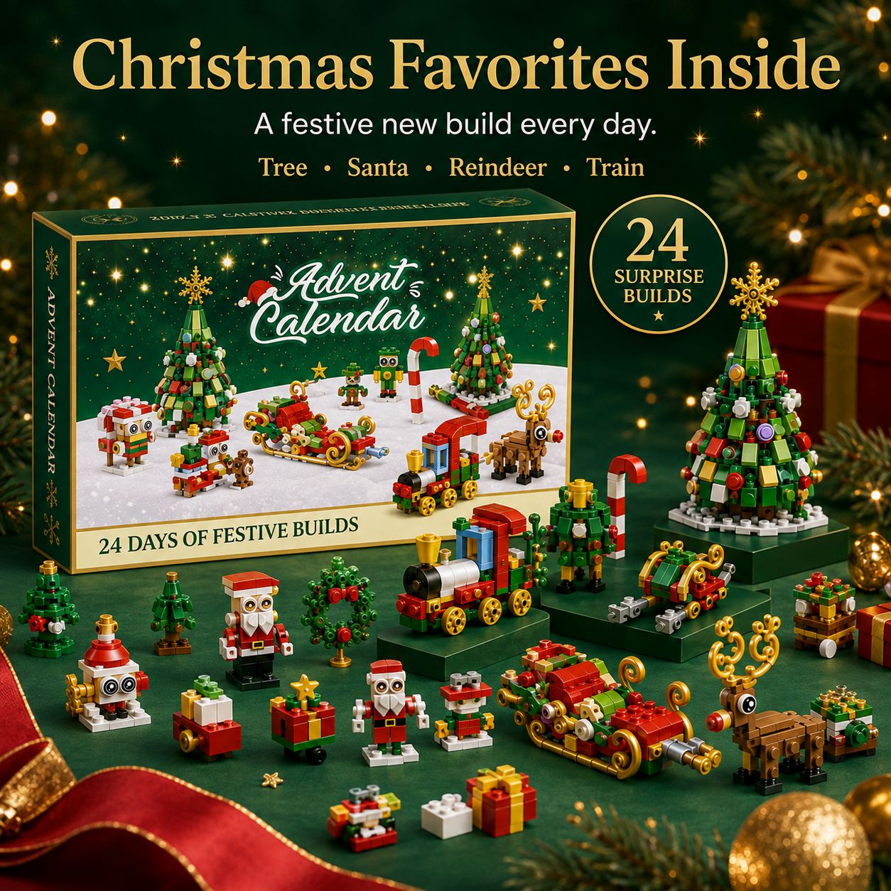 Santa Claus reindeer train and Christmas miniatures close up
