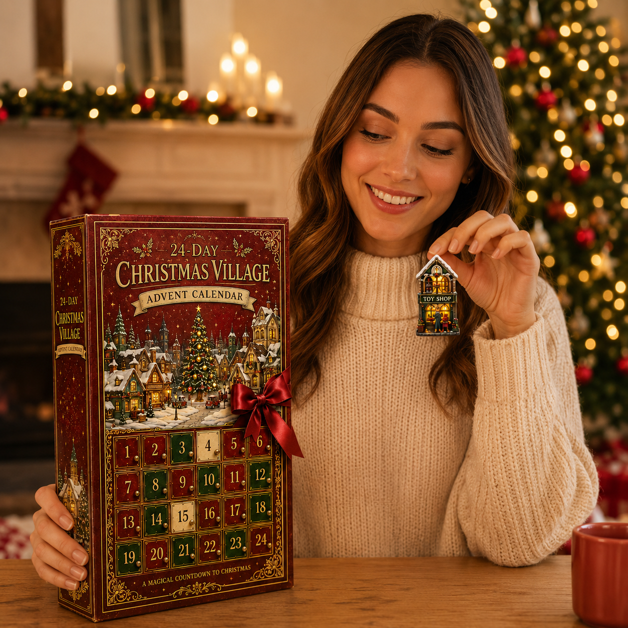 Woman enjoying Christmas Village Advent Calendar