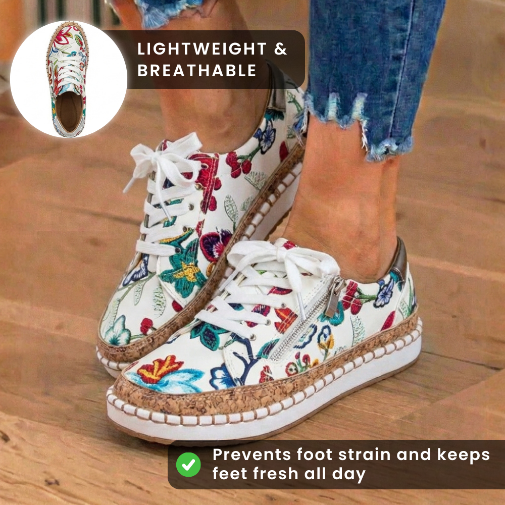  Canvas Espadrille Sneakers - Embroidered Floral Pattern & Cork Trim Detail