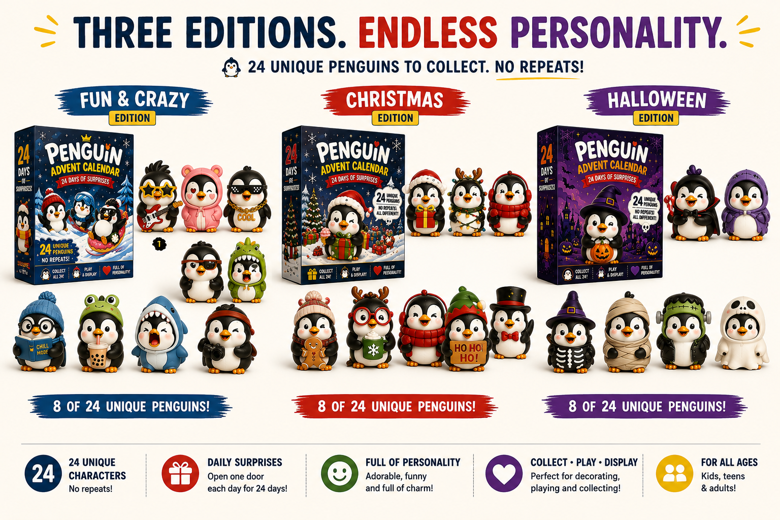Penguin character collection with unique personalities