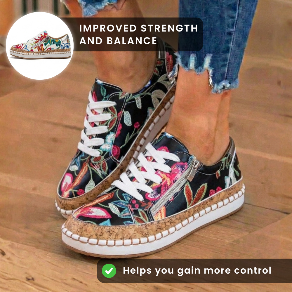 Canvas Espadrille Sneakers - Embroidered Floral Pattern & Cork Trim Detail