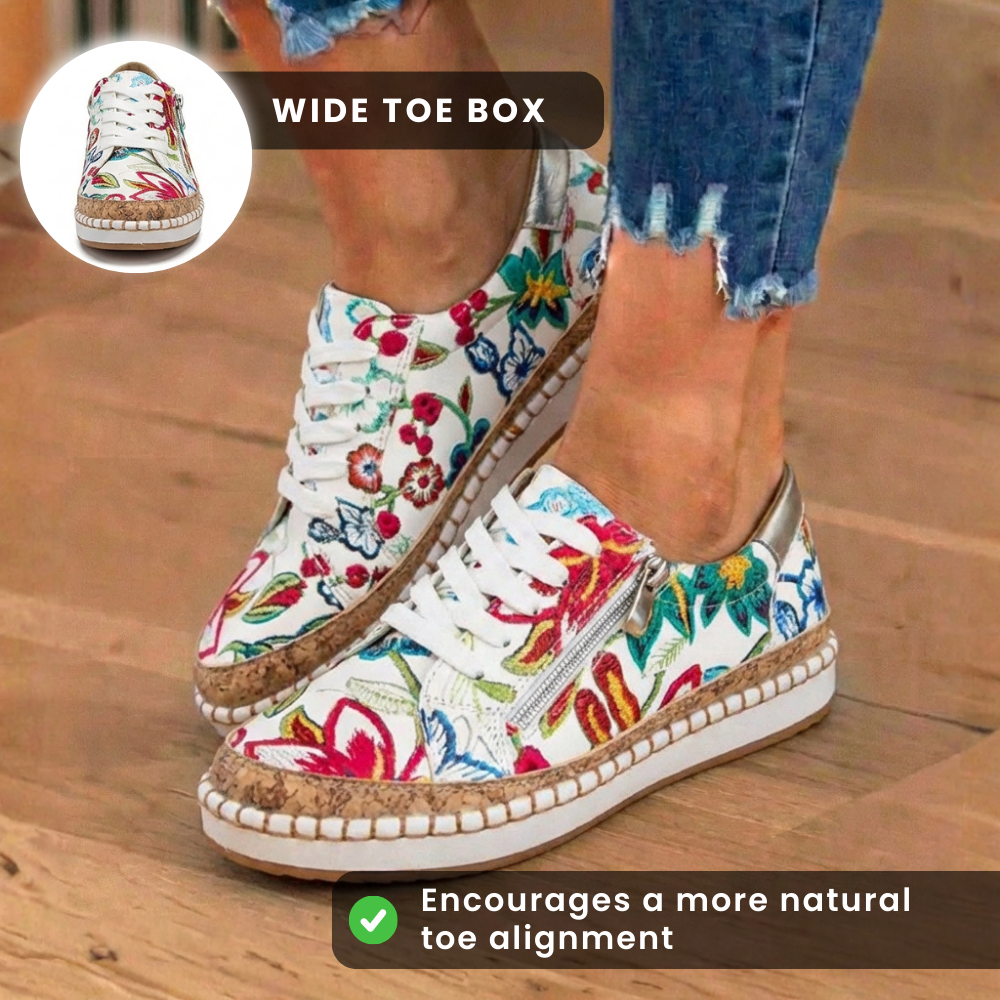 Canvas Espadrille Sneakers - Embroidered Floral Pattern & Cork Trim Detail