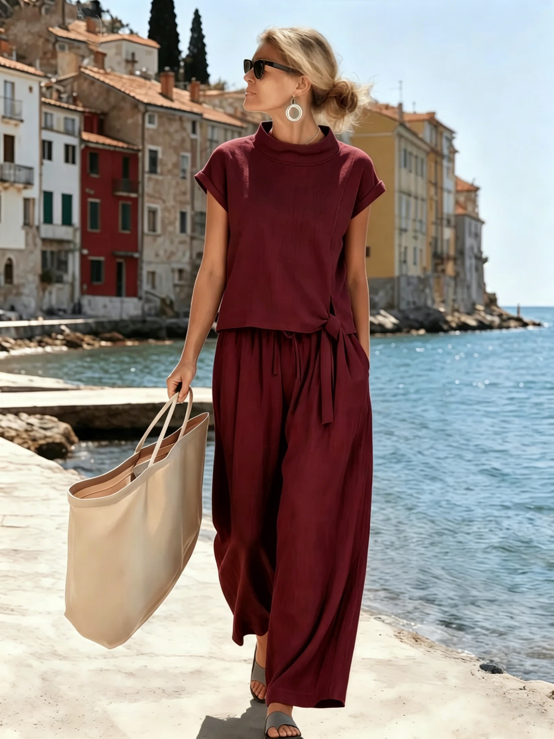 Women's Stand-Collar, Tie-Waist, Short-Sleeved Suit Set