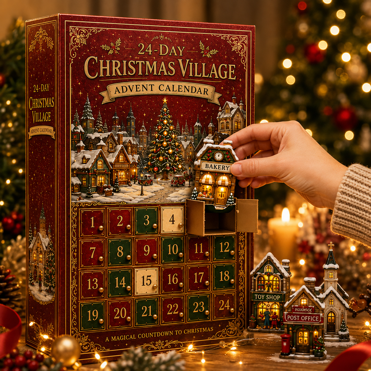 Opening a numbered drawer of the Christmas Village Advent Calendar