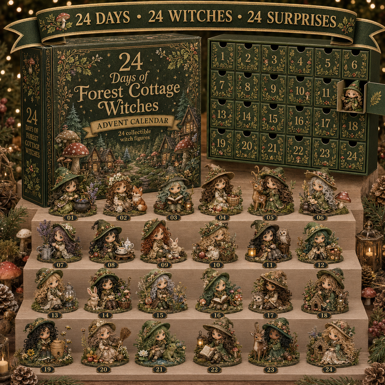 Forest Cottage Witches advent calendar with 24 collectible figures