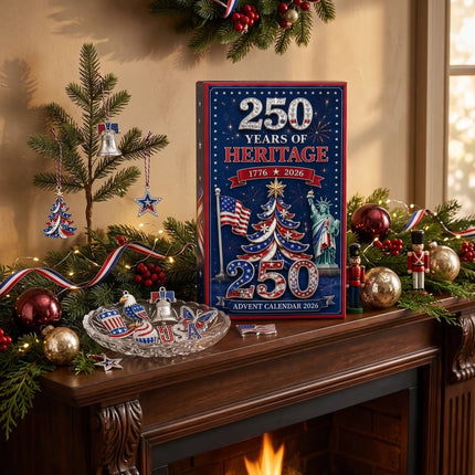 250 Years of Heritage Advent Calendar on fireplace mantel
