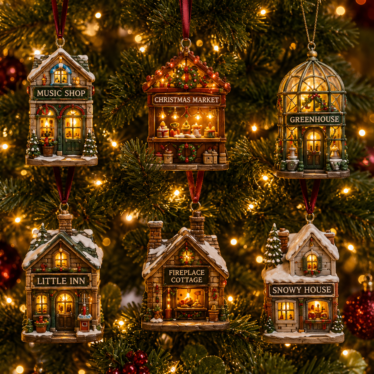 Christmas village miniature buildings displayed on Christmas tree