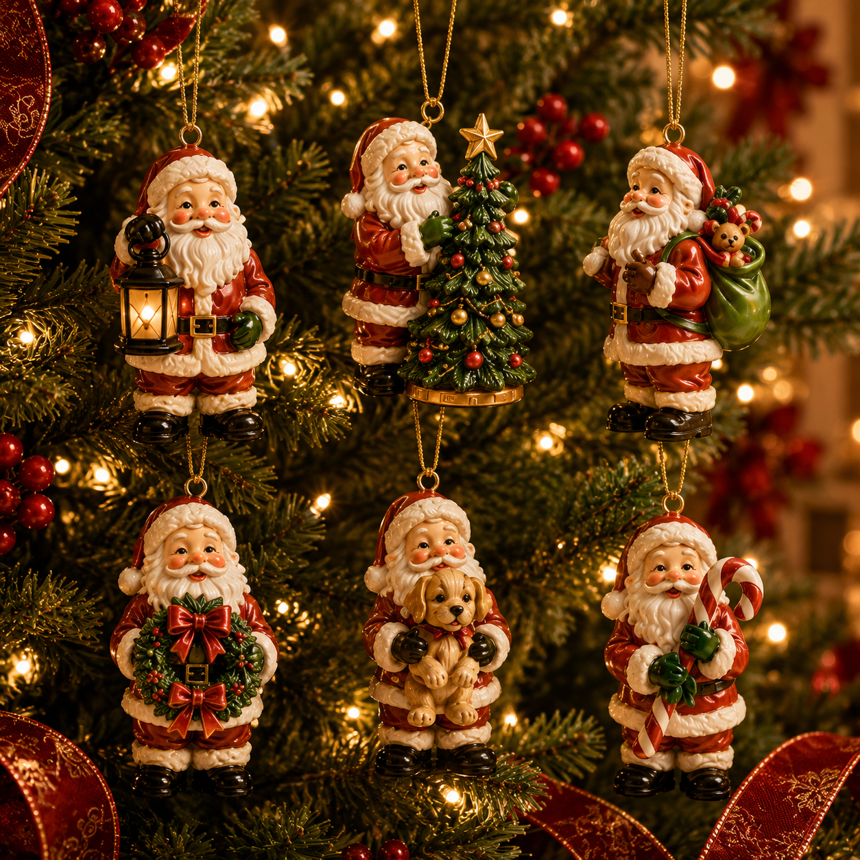 Vintage Santa Christmas ornaments hanging on Christmas tree
