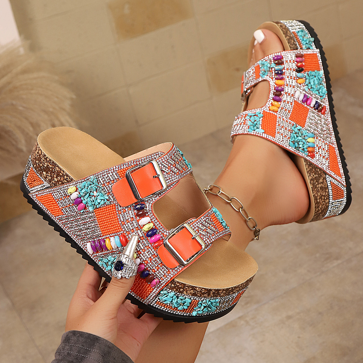 2026 Women's  Height Incr Bohemian Style Platform Slides Thick Sole Sandals  Strappy with Metal Buckle Studs Decorated