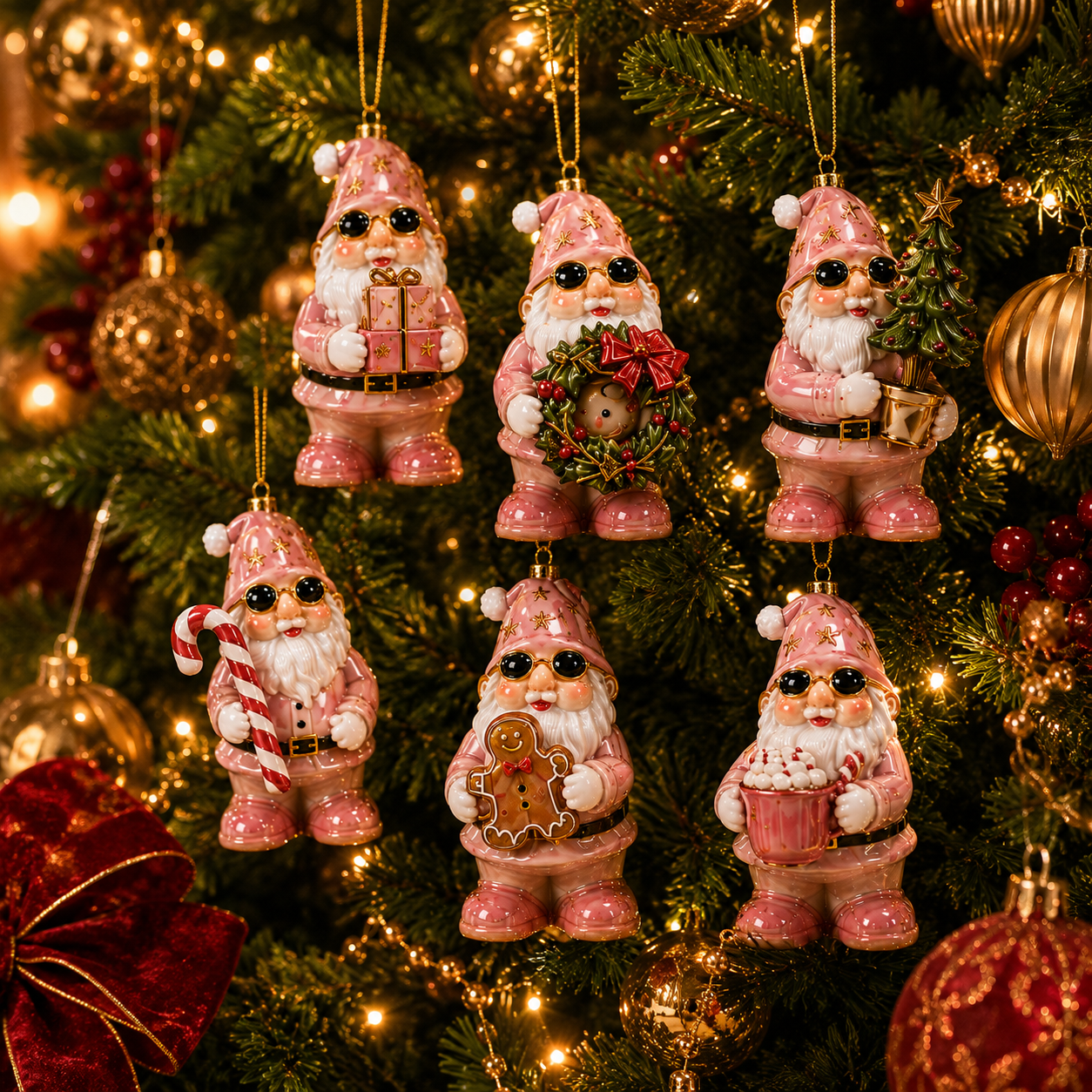 Pink Christmas Gnome ornaments displayed on Christmas tree
