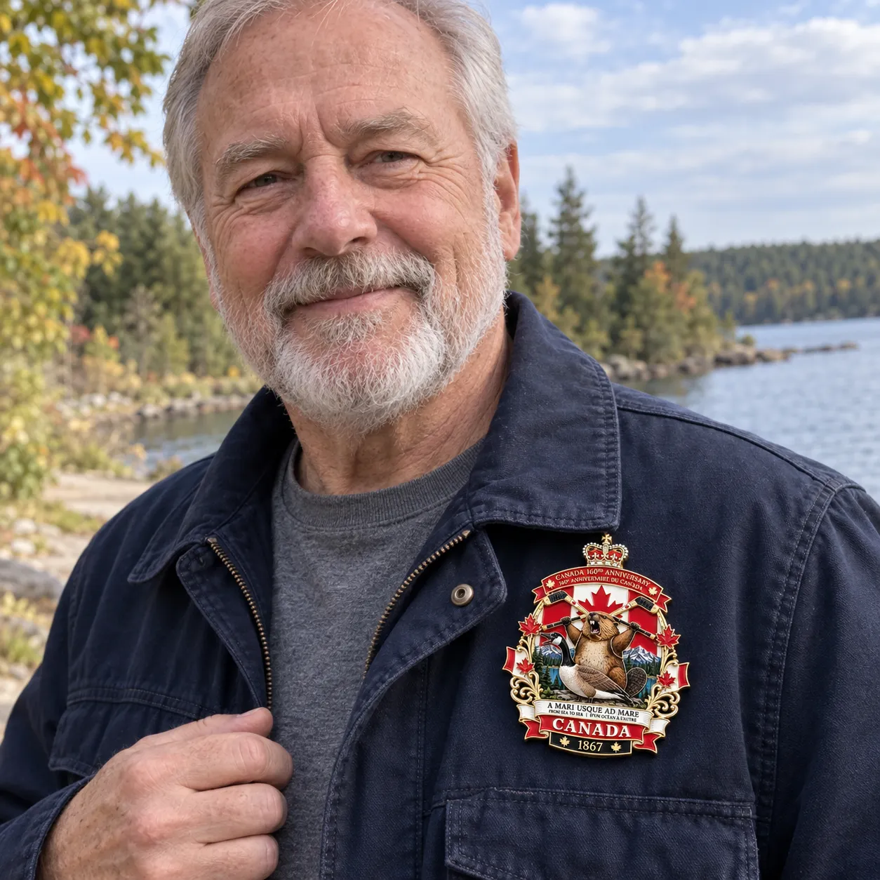 Older man wearing the Canada anniversary badge on a navy jacket beside a lake &mdash; AI-generated lifestyle image